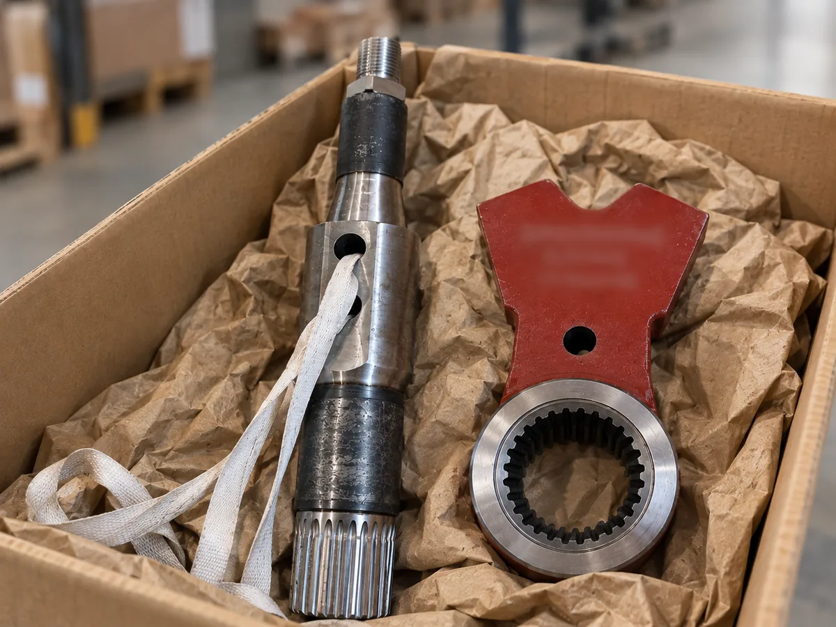 Pièces de rechange d'engin dans une caisse d'expédition