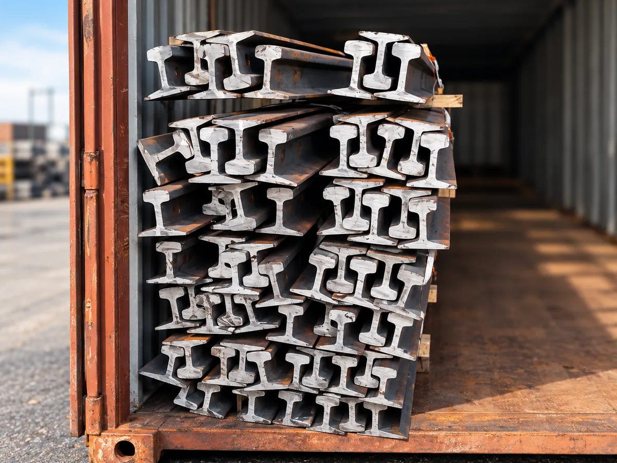 Rails en acier chargés dans un conteneur